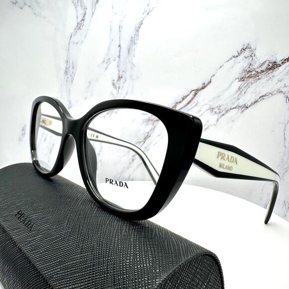 New PRADA Eyeglasses Cat Eye Black White Gold 53-17-140 Womens main image 6